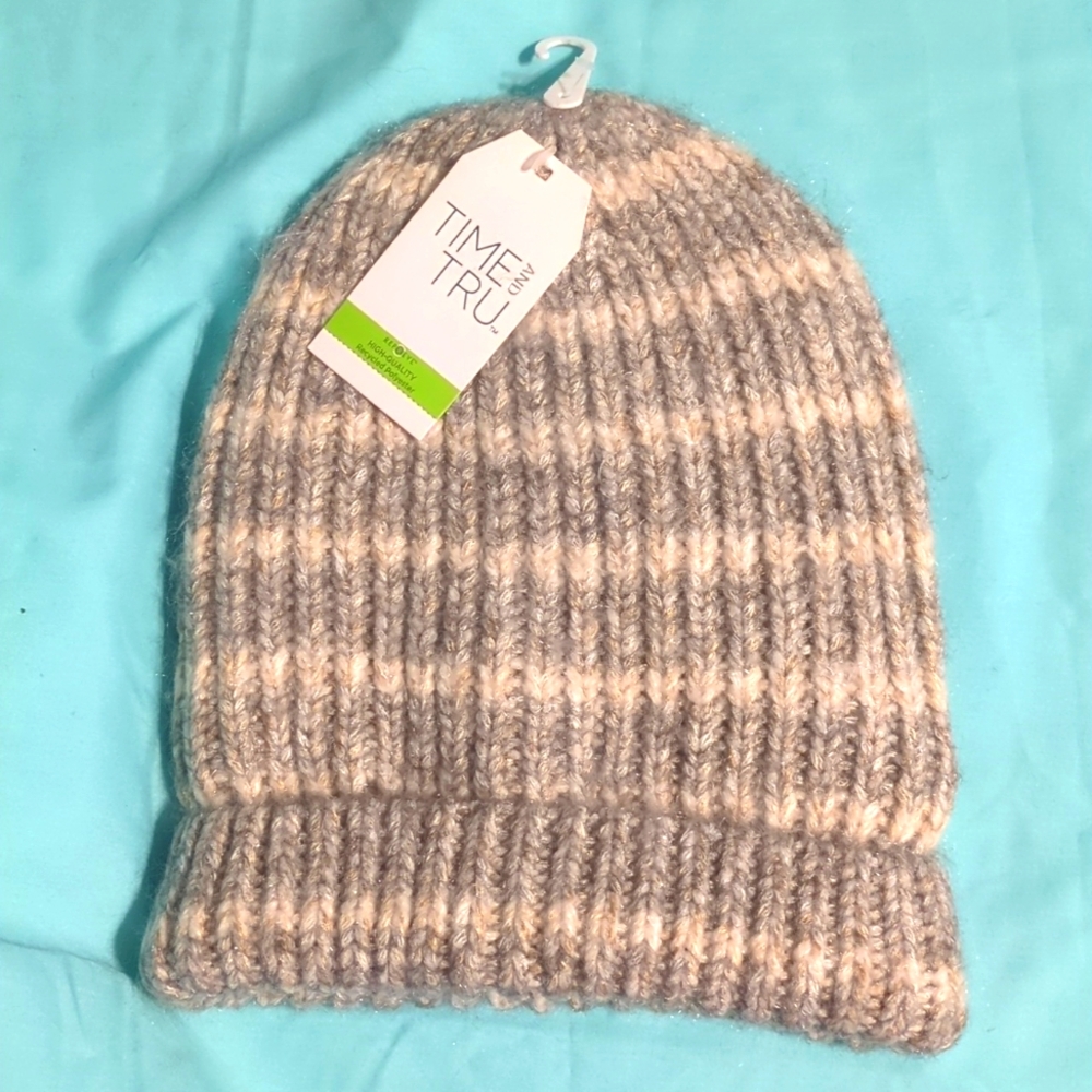 Time and Tru medium gray heather striped knit beanie